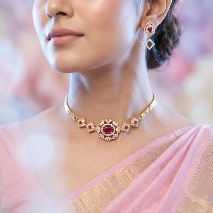 Heritage simple ruby white stone choker necklace with earrings CCB1460