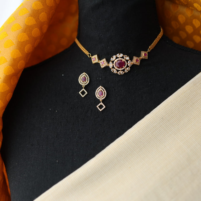 Heritage simple ruby white stone choker necklace with earrings CCB1460