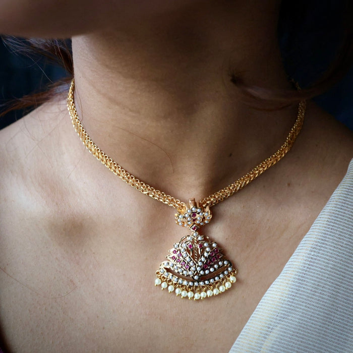 Heritage gold plated ruby stone and pearl short necklace with earrings H0022