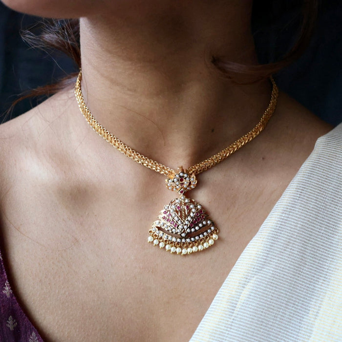 Heritage gold plated ruby stone and pearl short necklace with earrings H0022