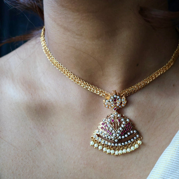 Heritage gold plated ruby stone and pearl short necklace with earrings H0022