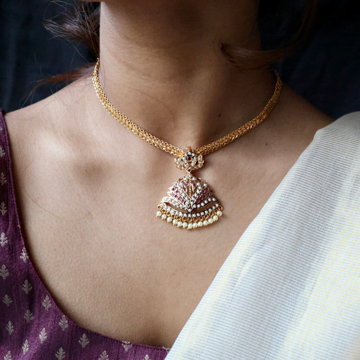 Heritage gold plated ruby stone and pearl short necklace with earrings H0022