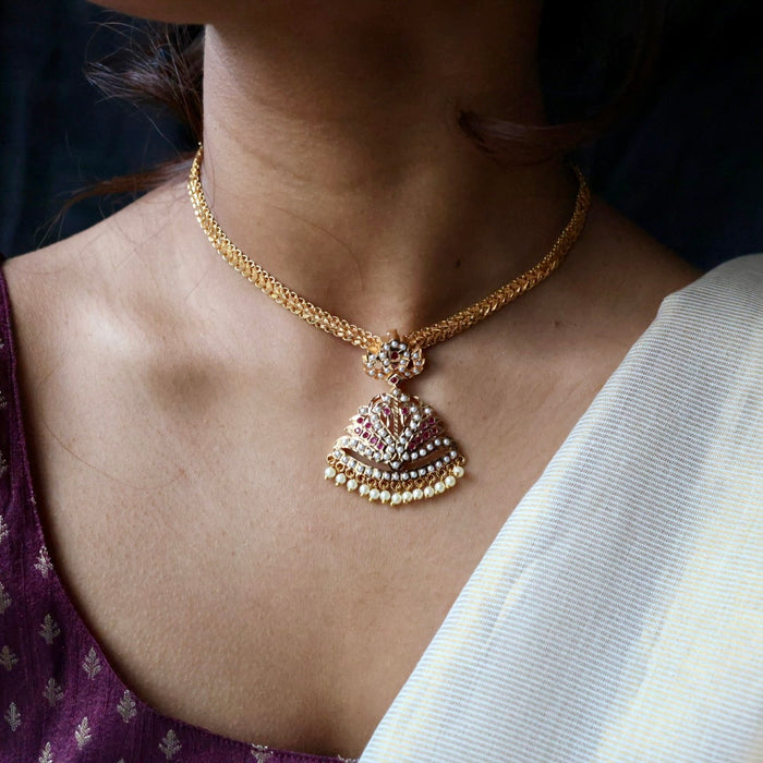 Heritage gold plated ruby stone and pearl short necklace with earrings H0022