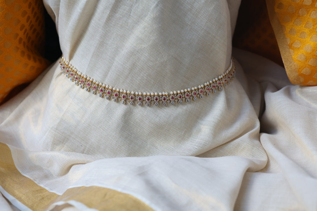 Heritage gold plated white ruby stone and pearl waistchain HW3455