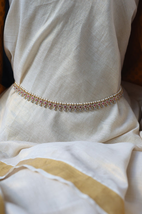 Heritage gold plated white ruby stone and pearl waistchain HW3455