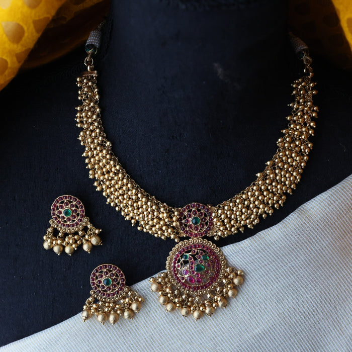 Antique ruby stone short necklace with earrings S1B104