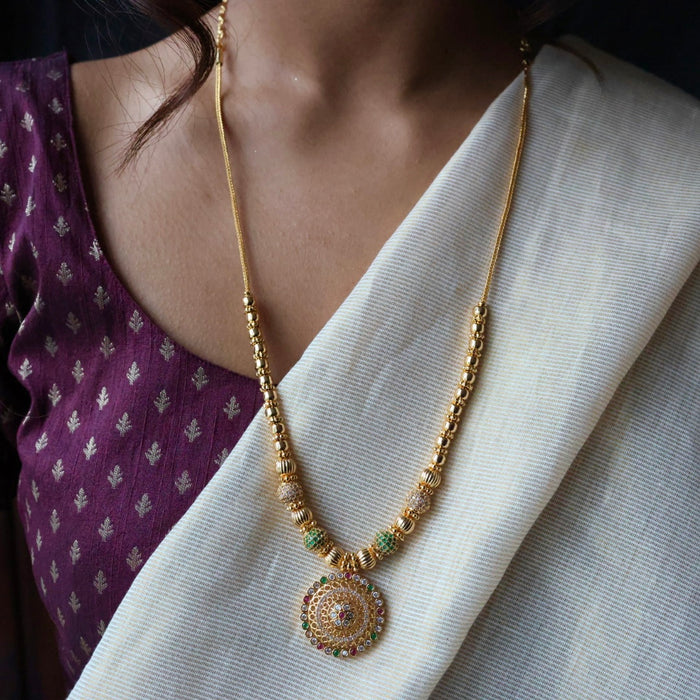 Heritage gold plated  green ruby white stone long necklace HL2367