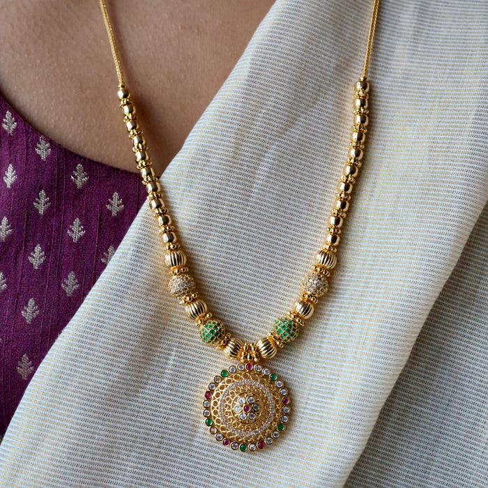 Heritage gold plated  green ruby white stone long necklace HL2367