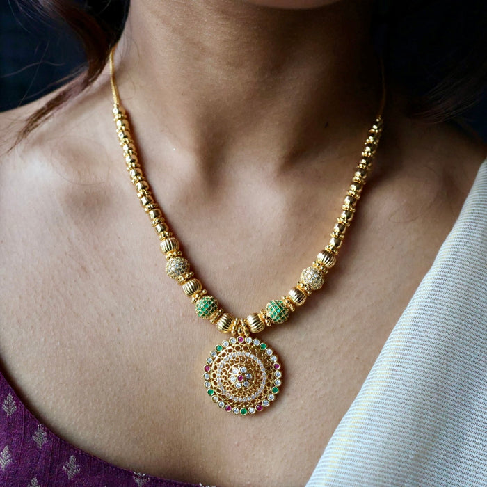 Heritage gold plated  green ruby white stone long necklace HL2367