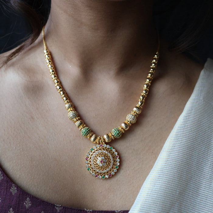 Heritage gold plated  green ruby white stone long necklace HL2367