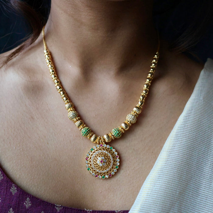 Heritage gold plated  green ruby white stone long necklace HL2367