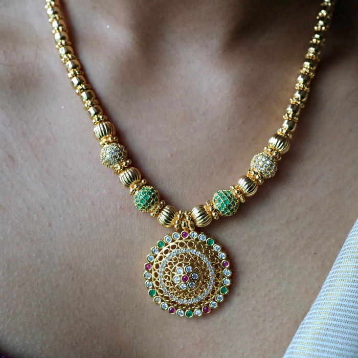 Heritage gold plated  green ruby white stone long necklace HL2367