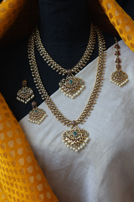 Antique long and short necklace set with earrings HLS62783