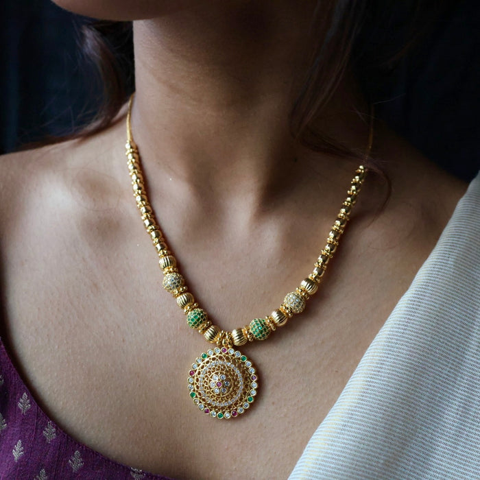 Heritage gold plated  green ruby white stone long necklace HL2367