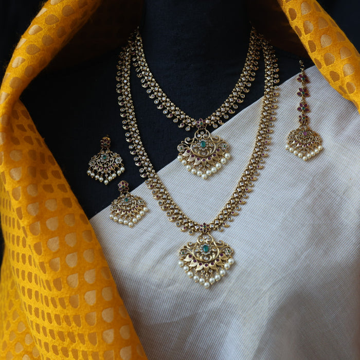 Antique long and short necklace set with earrings HLS62783