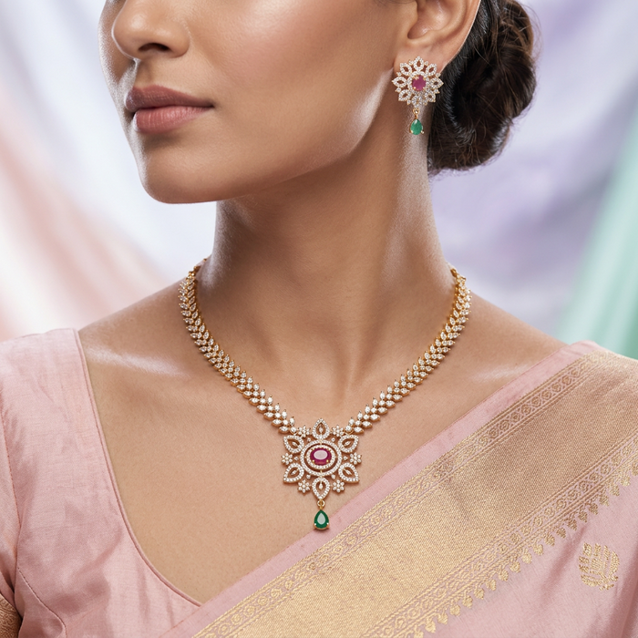 Heritage gold plated ruby white stone short necklace with earrings H8145