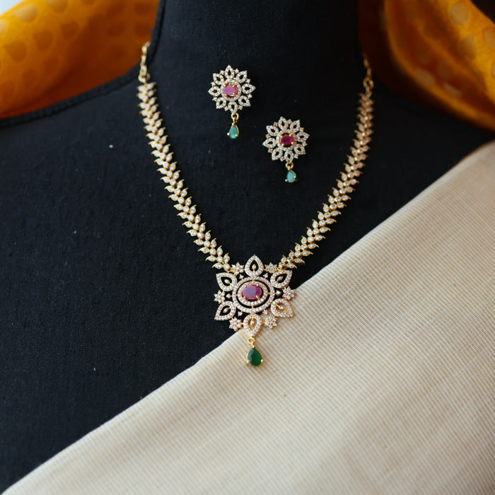 Heritage gold plated ruby white stone short necklace with earrings H8145