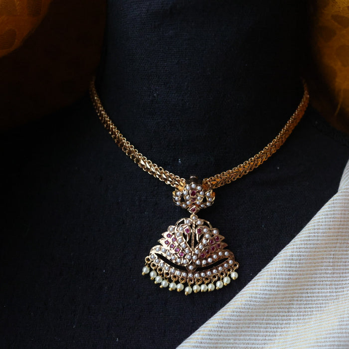 Heritage gold plated ruby stone and pearl short necklace with earrings H0022