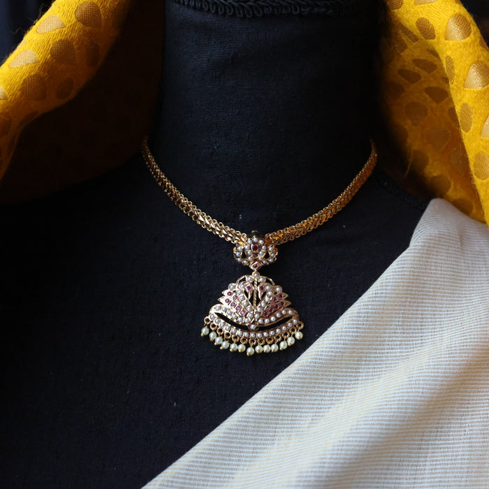 Heritage gold plated ruby stone and pearl short necklace with earrings H0022