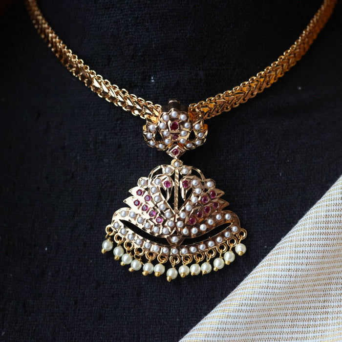 Heritage gold plated ruby stone and pearl short necklace with earrings H0022