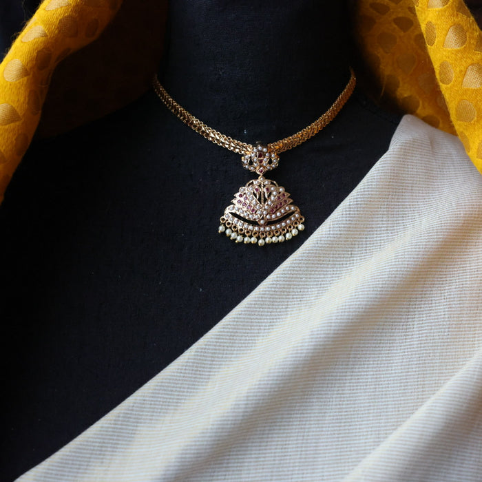 Heritage gold plated ruby stone and pearl short necklace with earrings H0022