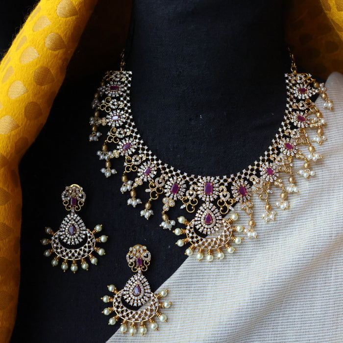 Antique ruby white stone short necklace with earrings SS13042