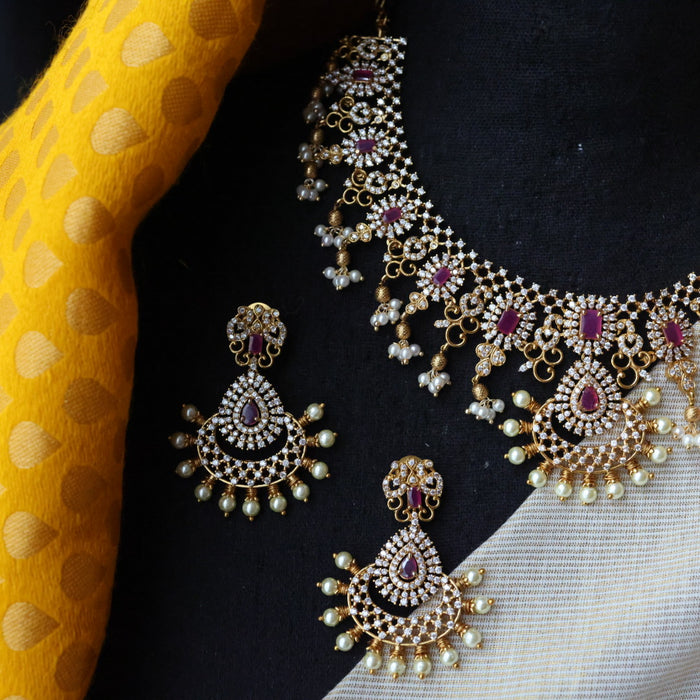 Antique ruby white stone short necklace with earrings SS13042