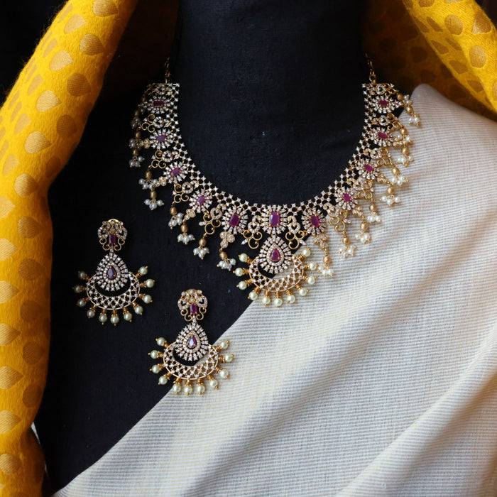 Antique ruby white stone short necklace with earrings SS13042