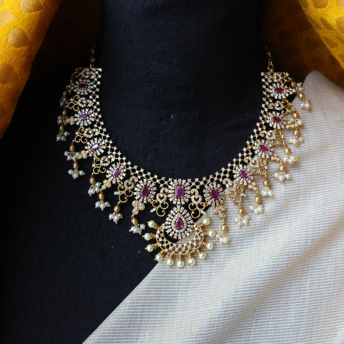 Antique ruby white stone short necklace with earrings SS13042