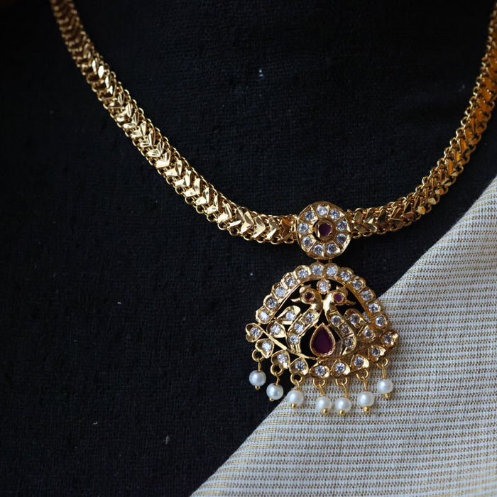 Heritage gold plated ruby white stone short necklace H6999