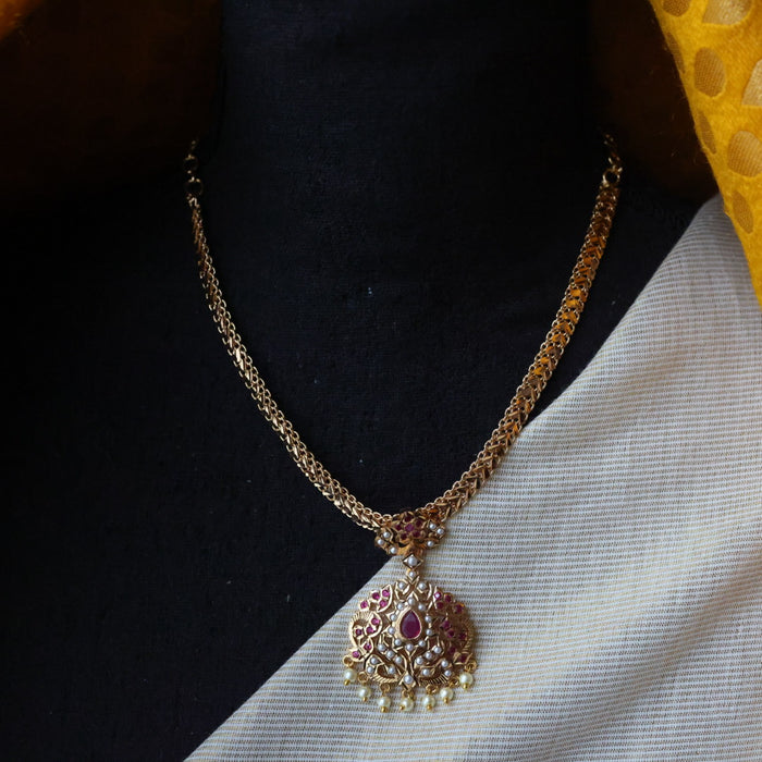 Heritage gold plated ruby stone and pearl short necklace with earrings H043