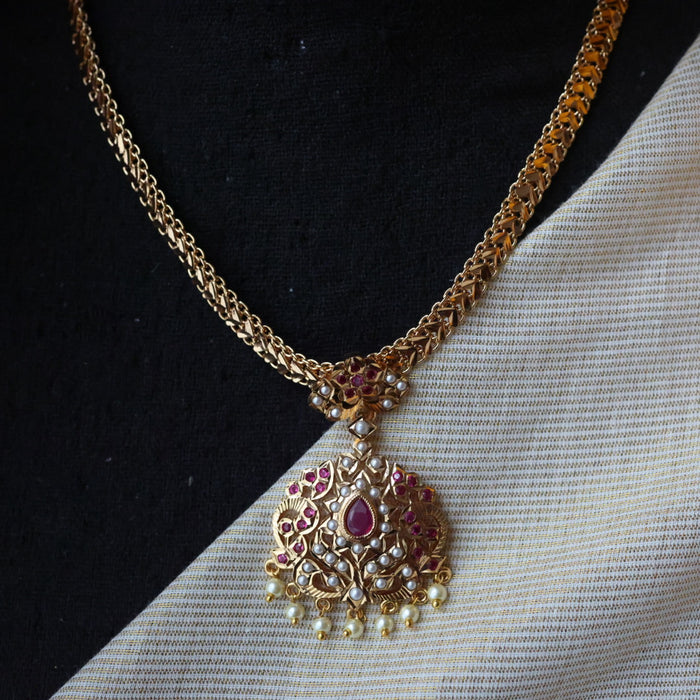 Heritage gold plated ruby stone and pearl short necklace with earrings H043