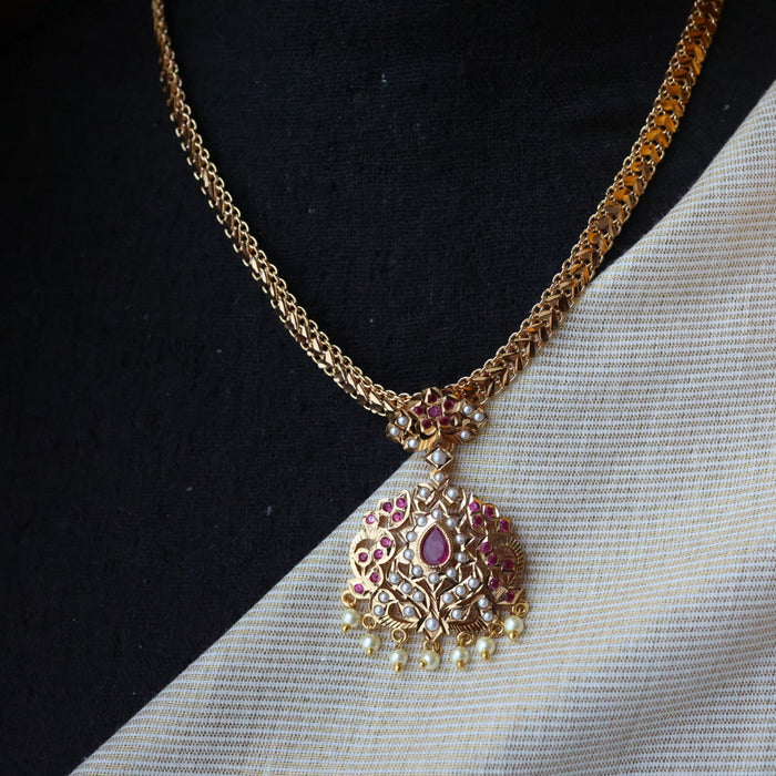 Heritage gold plated ruby stone and pearl short necklace with earrings H043