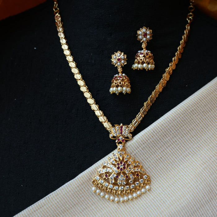 Heritage gold plated ruby white pearl necklace set with earrings H8657