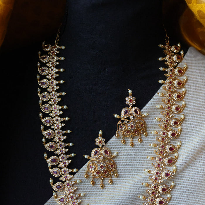 Antique ruby white stone mango long necklace with earrings LL021213