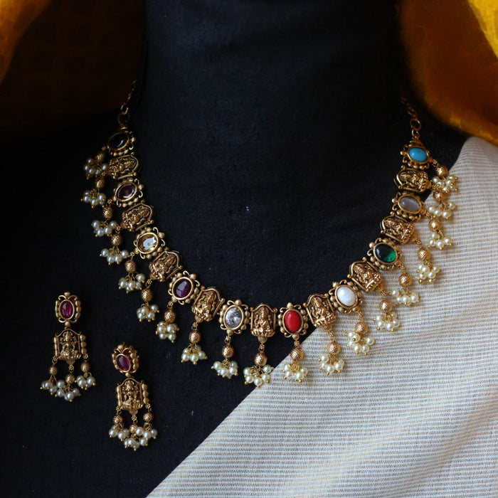 Antique gold navarathna stone short necklace and earrings TTS4623