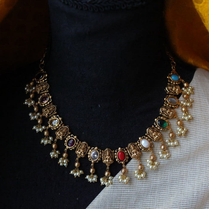Antique gold navarathna stone short necklace and earrings TTS4623