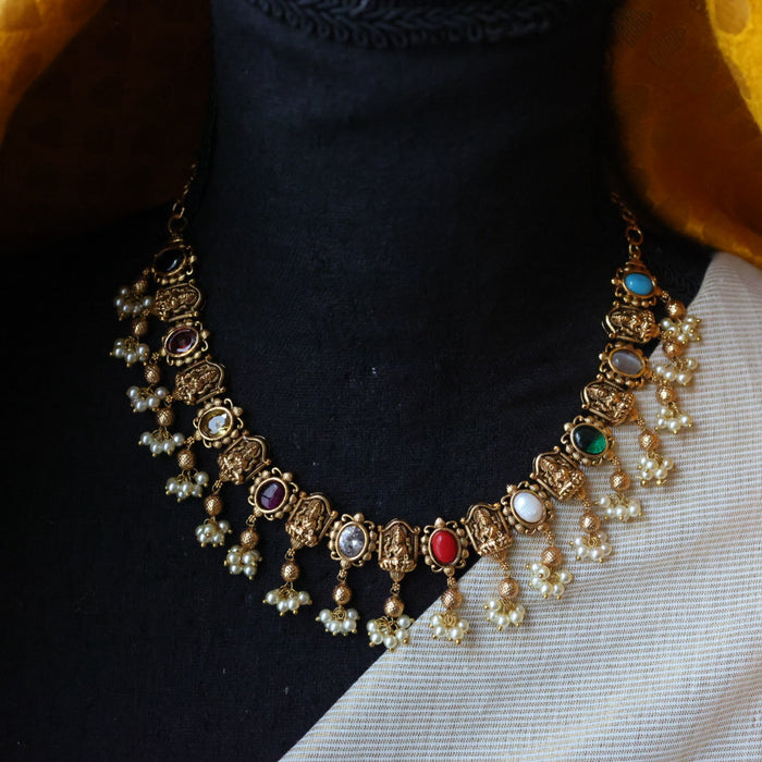 Antique gold navarathna stone short necklace and earrings TTS4623