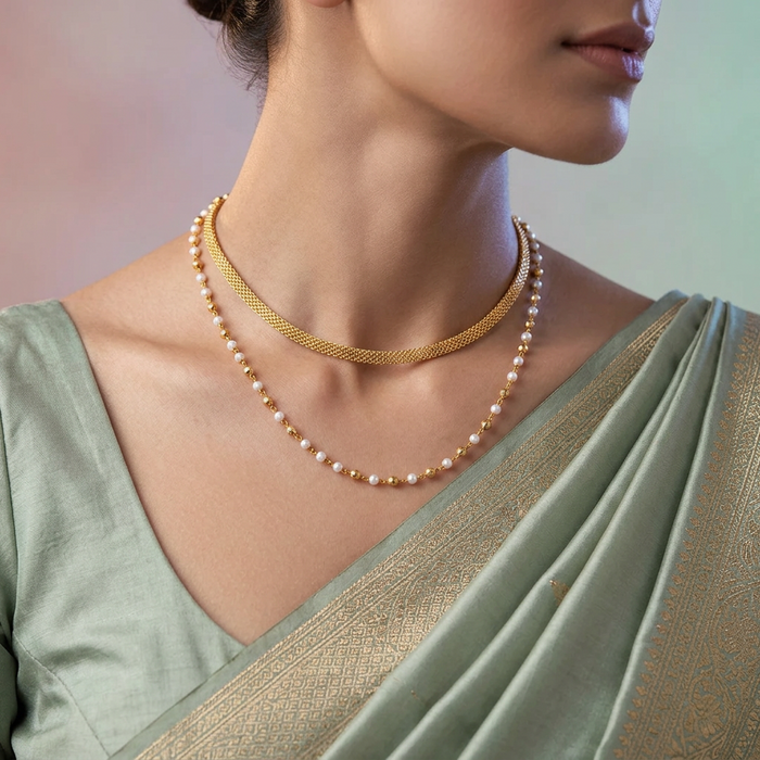 Heritage gold plated pearl layer short necklace H612