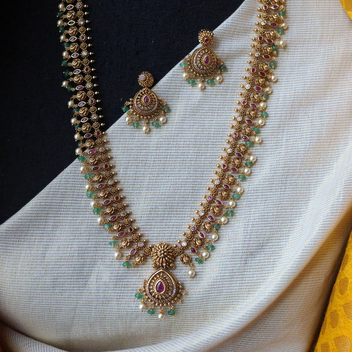Antique green bead simple long necklace with earrings LL021675