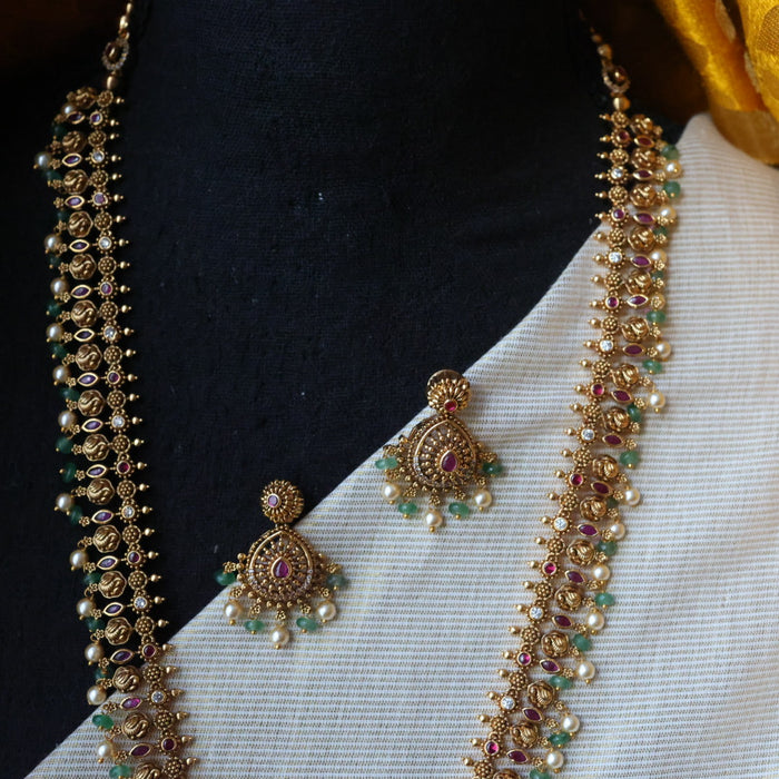Antique green bead simple long necklace with earrings LL021675