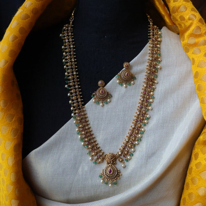 Antique green bead simple long necklace with earrings LL021675