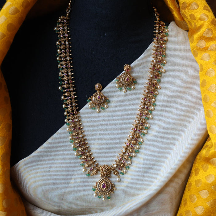 Antique green bead simple long necklace with earrings LL021675