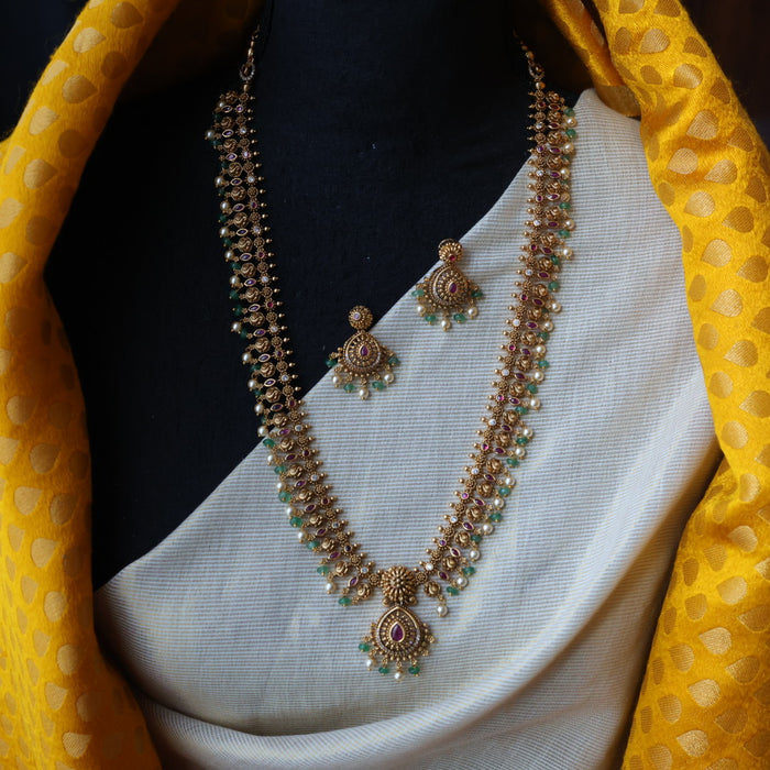 Antique green bead simple long necklace with earrings LL021675