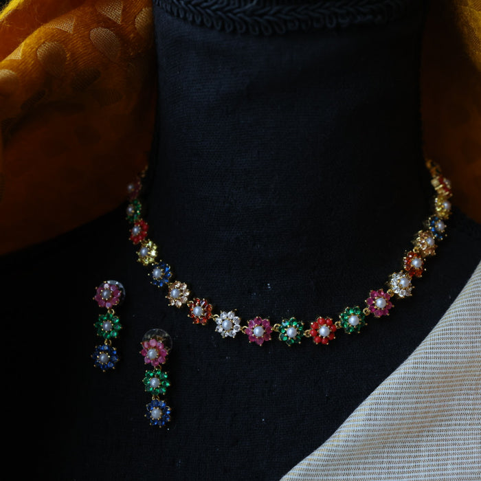 Heritage gold plated navarathna stone short necklace  with earrings H1321