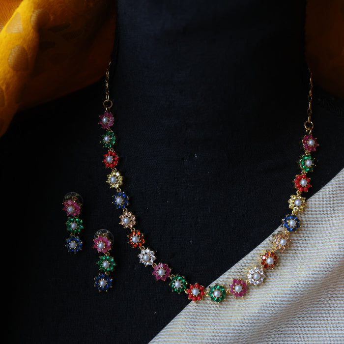 Heritage gold plated navarathna stone short necklace  with earrings H1321