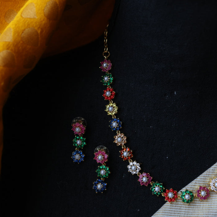 Heritage gold plated navarathna stone short necklace  with earrings H1321