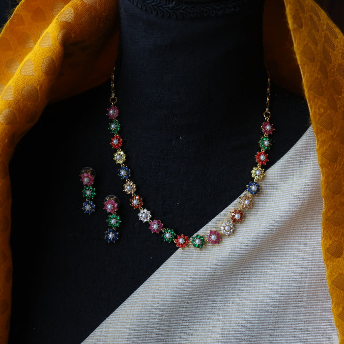 Heritage gold plated navarathna stone short necklace  with earrings H1321