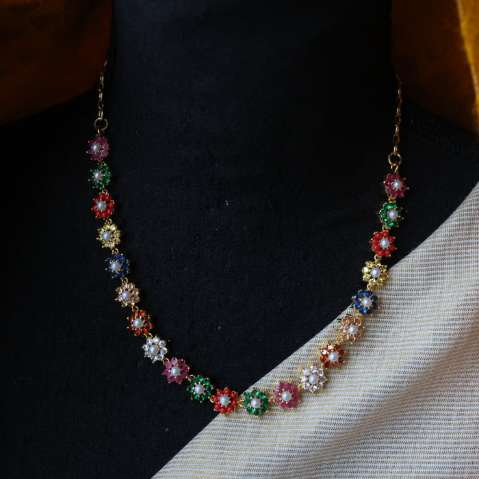 Heritage gold plated navarathna stone short necklace  with earrings H1321