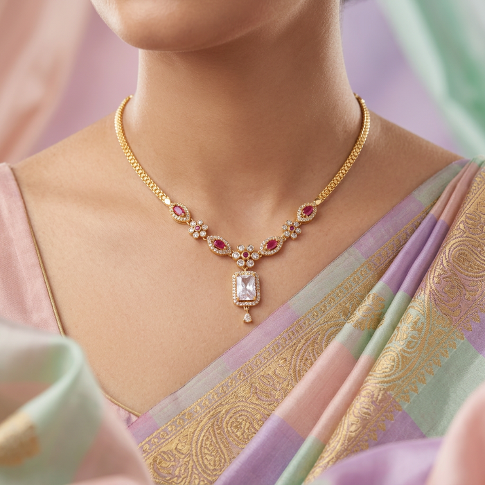 Heritage gold plated ruby white short necklace H1923
